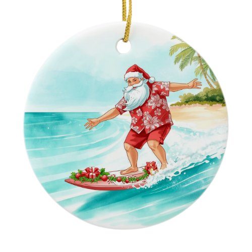 Santa Christmas Surfer Surfing on Big Wave Ceramic Ornament
