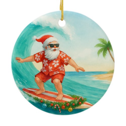 Santa Christmas Surfer Surfing on Big Wave Ceramic Ornament