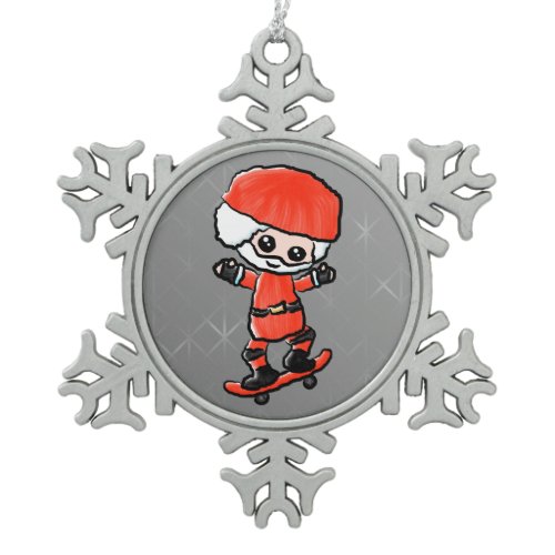 Skateboarding Santa Snowflake Pewter Christmas Ornament