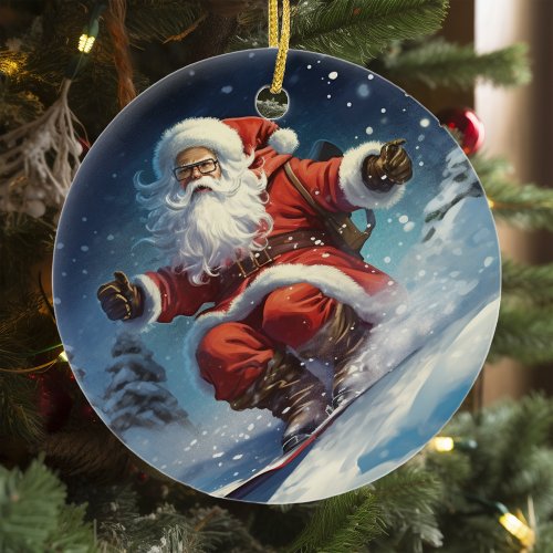 Snowboarding Santa Ceramic Ornament