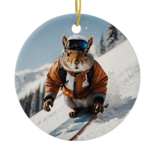 Snowboarding Squirrel Wintertime Whimsical Animal Ceramic Ornament