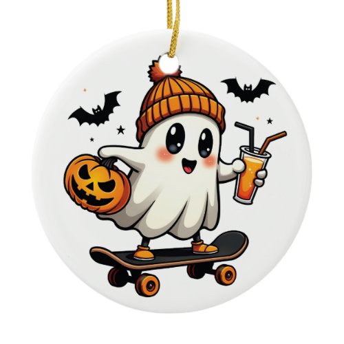 Spooky Halloween Skating Pumpkin Spice Ghost Fall Ceramic Ornament