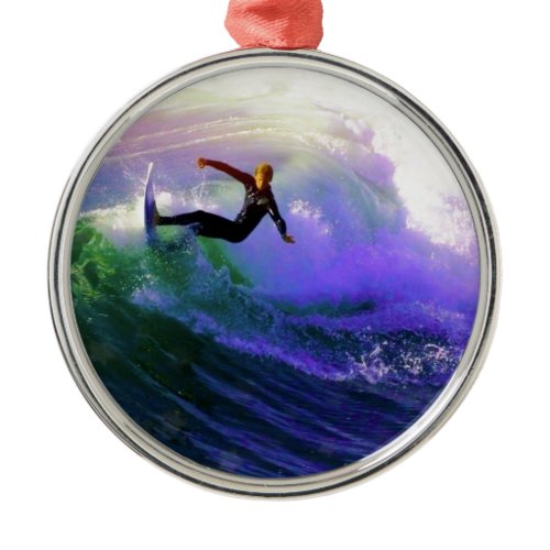 SURFS UP  surfer surfing catching a wave Metal Ornament
