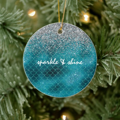Teal Silver Sparkle Mermaid personalized Ceramic Ornament