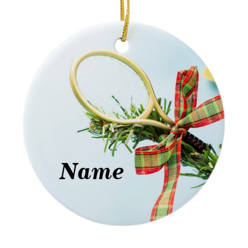 Tennis Christmas tennis ball and racket on tree Ceramic Ornament
