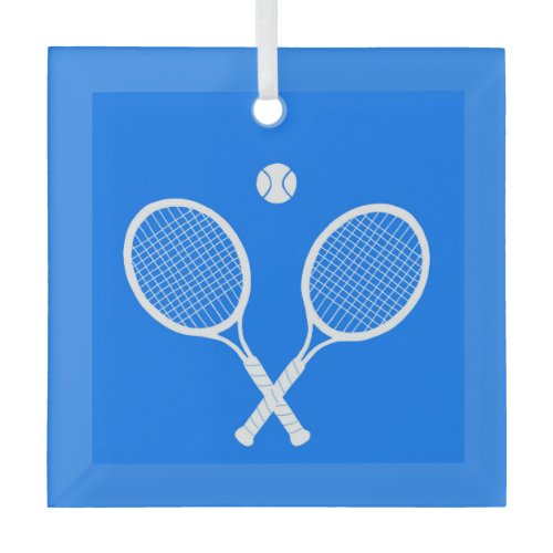 Tennis Rackets Blue Background   Glass Ornament