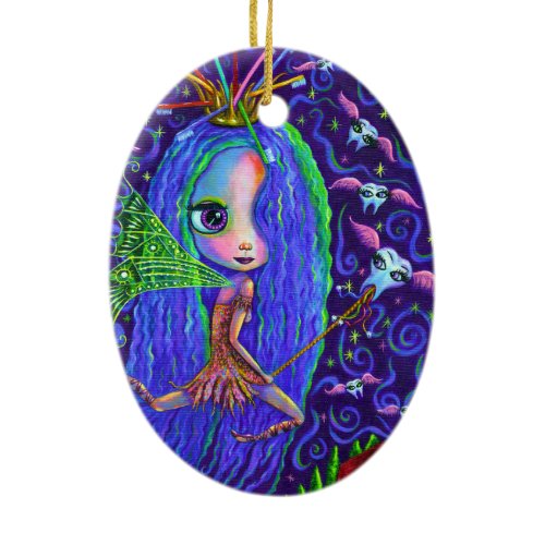 Tooth Fairy with Toothbrush Crown &amp; Flying Teeth Ceramic Ornament