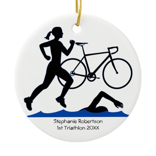 Triathlon Female Keepsake In Blue Ceramic Ornament