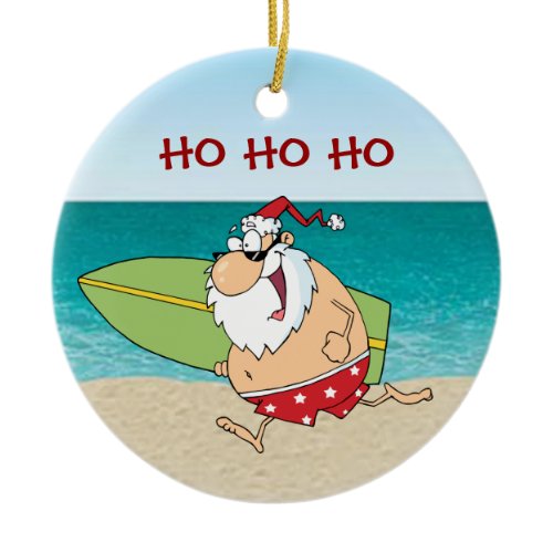 Tropical Surfing Santa Christmas Ornament