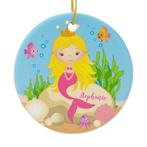 Under the Sea Cute Blonde Mermaid Custom Name Ceramic Ornament
