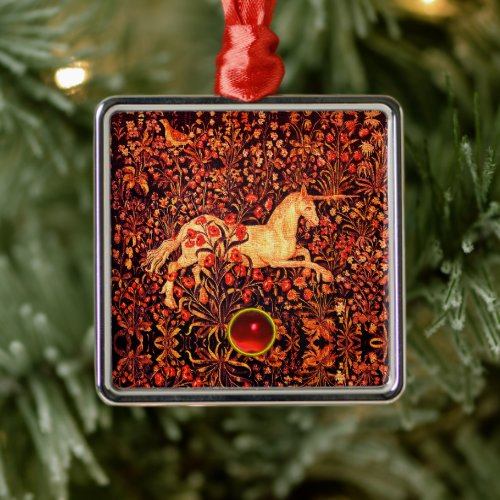 UNICORN AMONG FLOWERS,FOREST ANIMALS Red Floral Metal Ornament