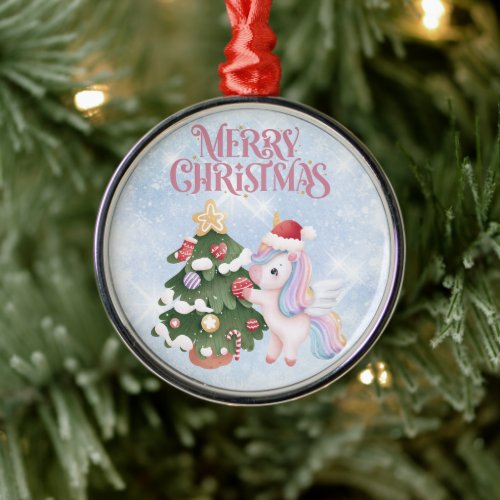 Unicorn And Christmas Tree On  Sparkle Blue Sky Metal Ornament