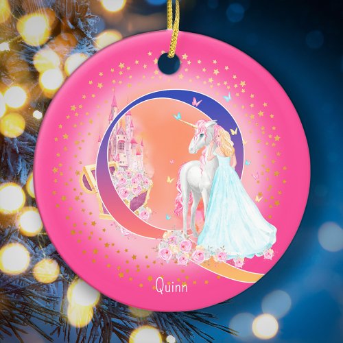 Unicorn and Princess Letter Q Monogram Christmas Ceramic Ornament