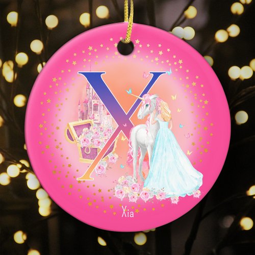Unicorn and Princess Letter X Monogram Christmas Ceramic Ornament