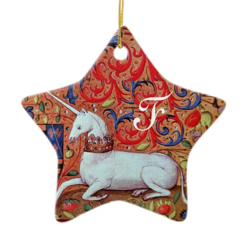 UNICORN PARCHMENT STAR MONOGRAM,RED RUBY GEMSTONE CERAMIC ORNAMENT