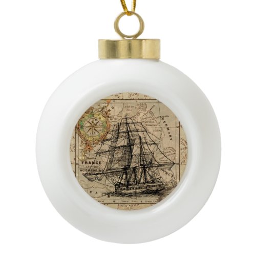 Vintage Sailing Ship and Old European Map Ceramic Ball Christmas Ornament