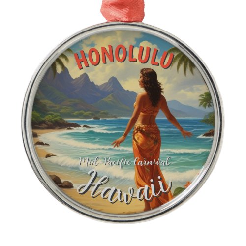 Vintage Style Hawaiian Travel Honolulu Mid-Pacific Metal Ornament