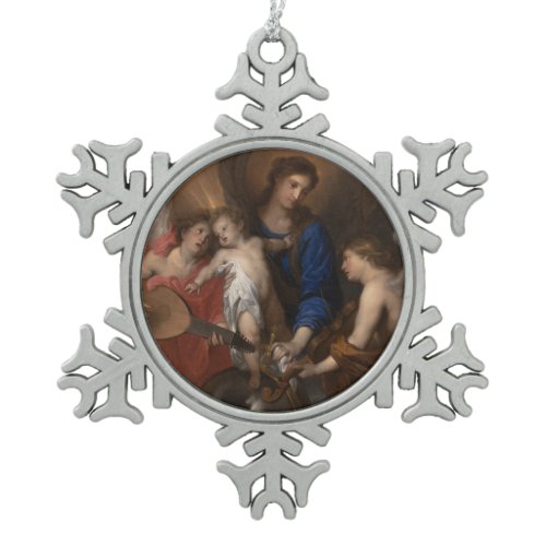 Virgin and Child with Music Making Angels Snowflake Pewter Christmas Ornament