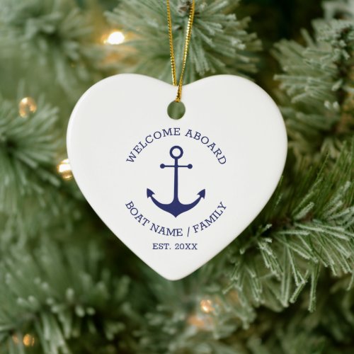 Welcome Aboard blue white custom nautical anchor Ceramic Ornament