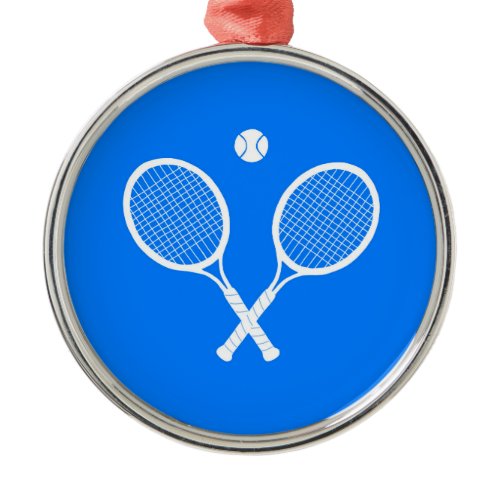 White Tennis Rackets and Ball Blue  Metal Ornament