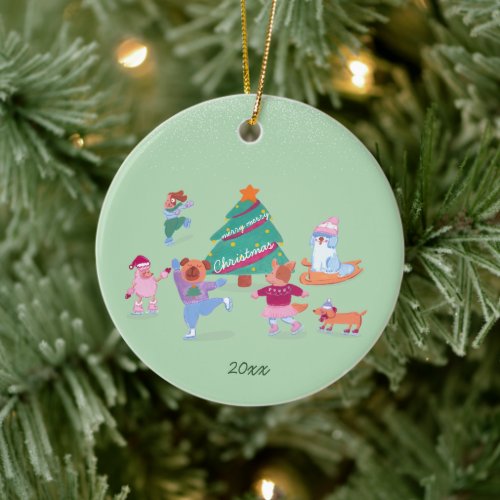 Winter Dogs Ice Skating Moss Green Christmas Photo Ceramic Ornament